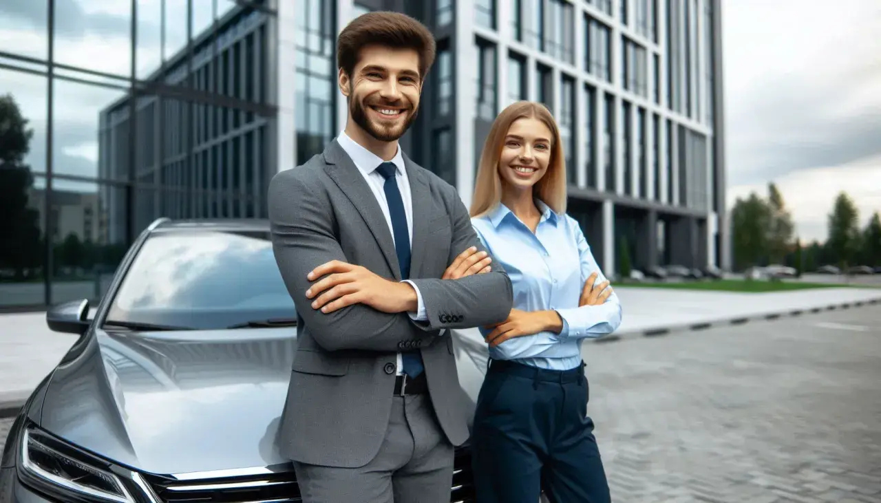 Uomo e donna sorridono accanto a un'auto, con un edificio moderno sullo sfondo. Potrebbero essere in procinto di consultare una tabella rimborso chilometrico.