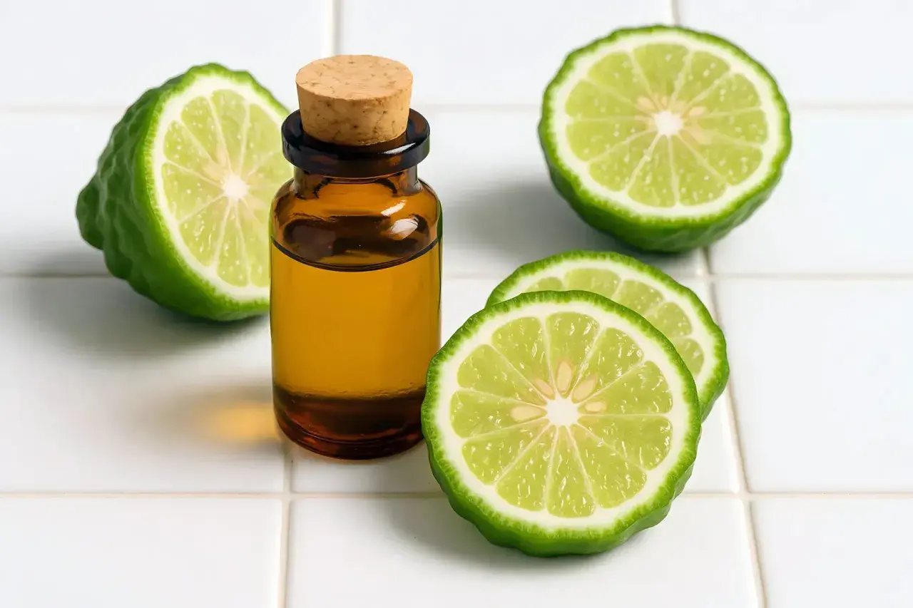 Aceite esencial de bergamota que es, junto a rodajas y una fruta entera de esta cítrica fragante.
