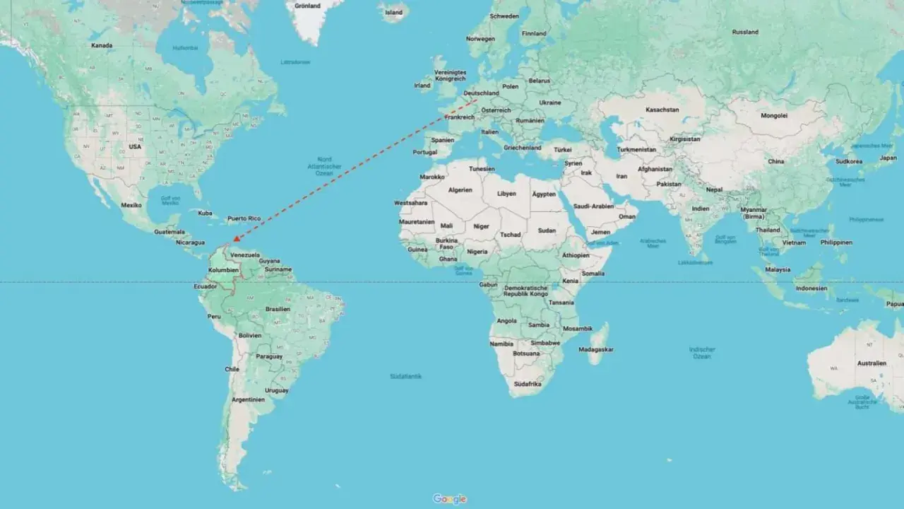 Reiseroute für Kolumbien Backpacking: Von Europa über den Atlantik nach Südamerika.