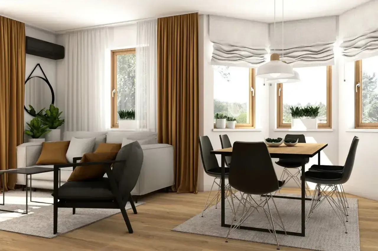 Nowoczesny salon z jadalnią. Stół w salonie inspiracje: drewniany blat, czarne krzesła, jasna kanapa, złote zasłony.