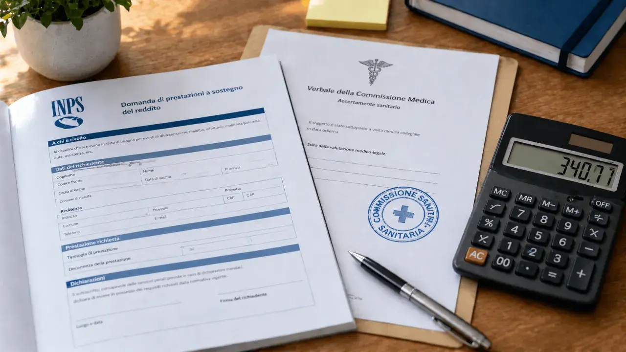 Documenti INPS per domanda di prestazioni a sostegno del reddito e verbale commissione medica, con calcolatrice che mostra 340,77. Superamento reddito invalidità civile in corso.