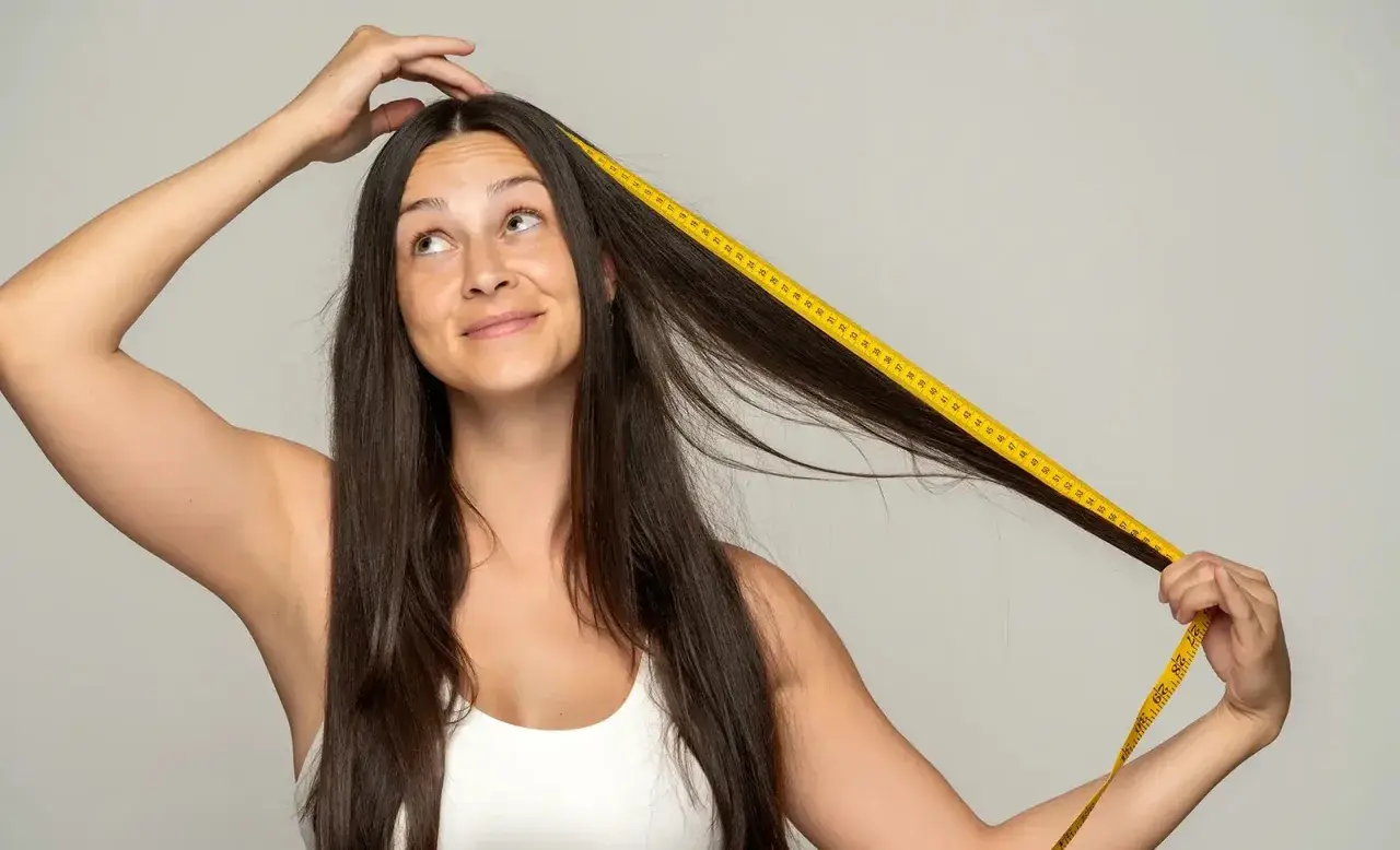 Mujer se mide el pelo con cinta métrica amarilla, preguntándose cuánto tarda el pelo en crecer.