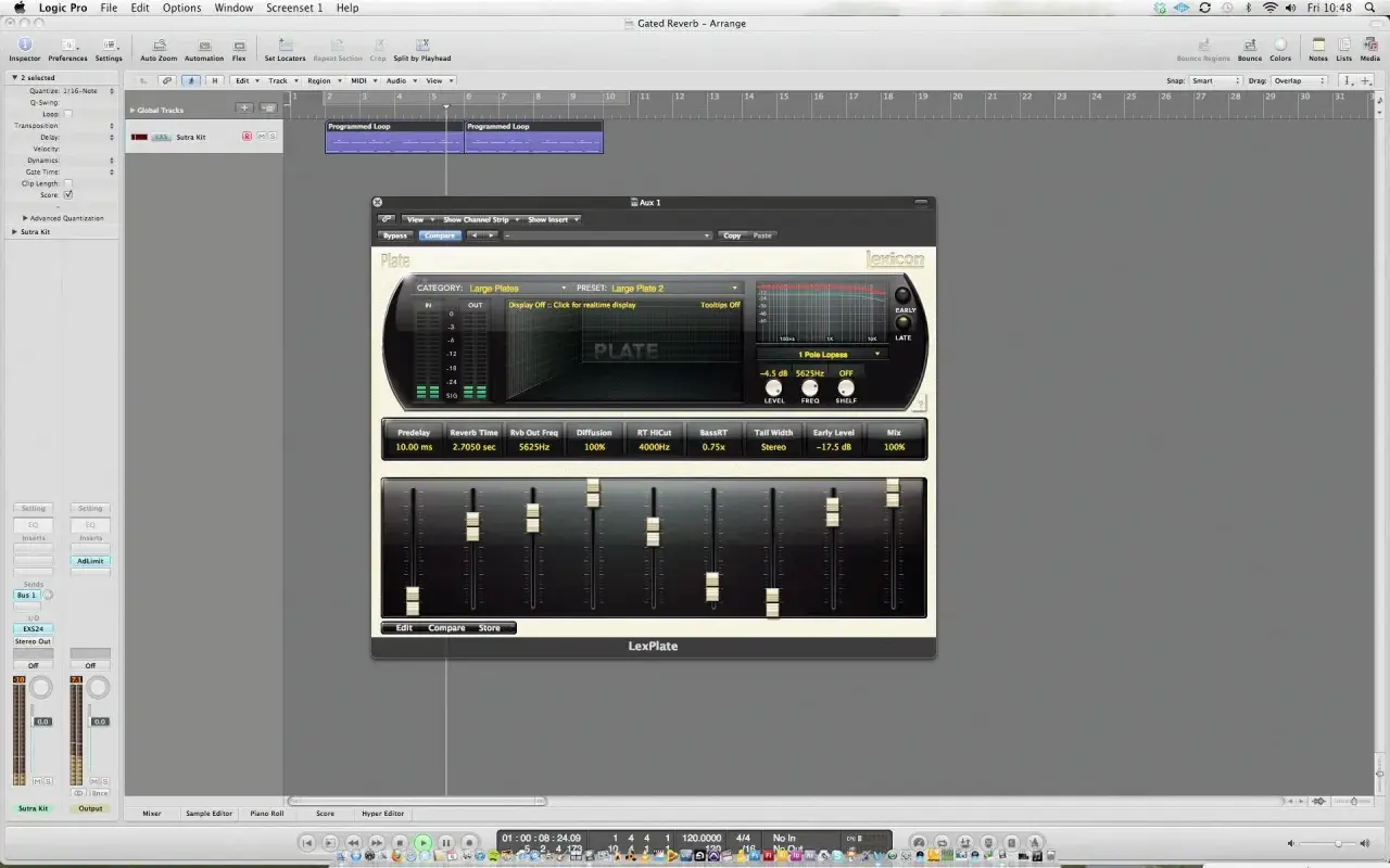Ustawienia pogłosu tal reverb 4 w Logic Pro X. Wtyczka LexPlate symuluje pogłos dużej płyty.