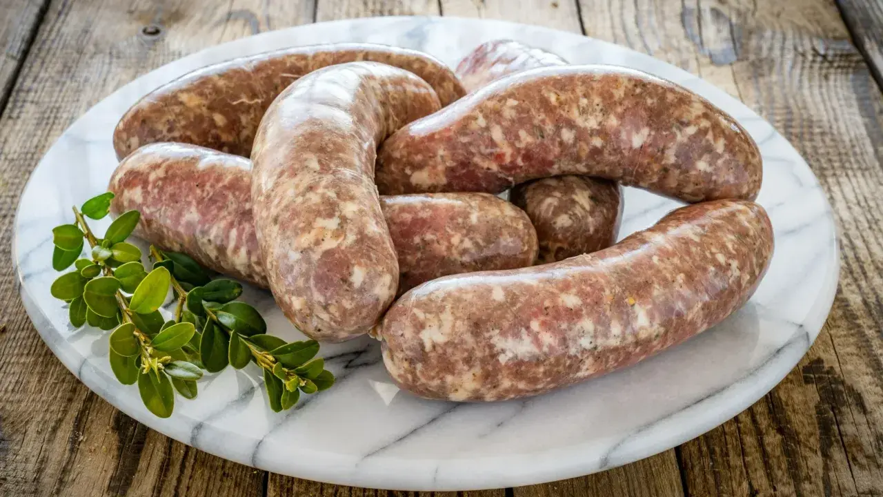 Surowa biała kiełbasa na marmurowej desce, gotowa do przyrządzenia. Dowiedz się, ile gotować białą kiełbasę surową.