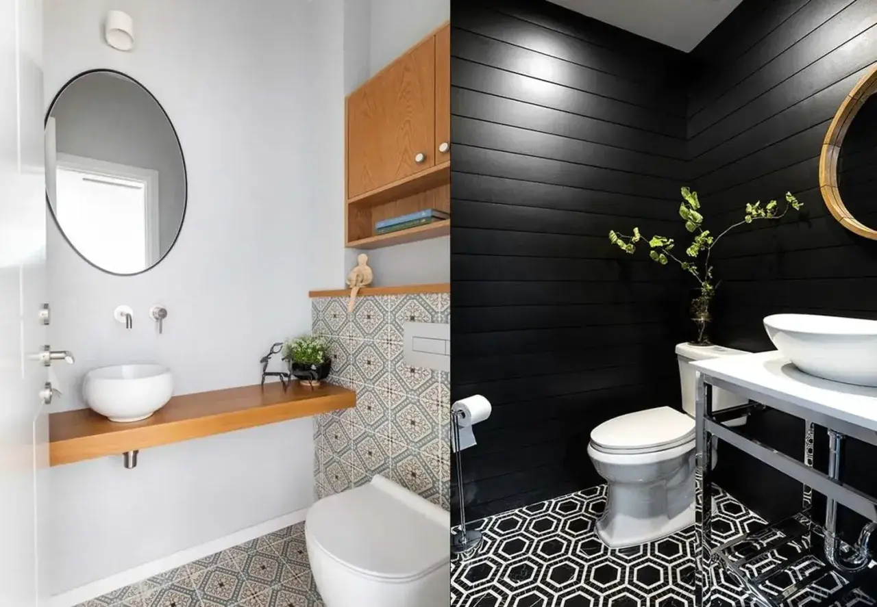 Två toaletter, en ljus med trädetaljer och mönstrad kakel, den andra mörk med svarta träpaneler och hexagonmönster. Inspiration för att renovera toalett.