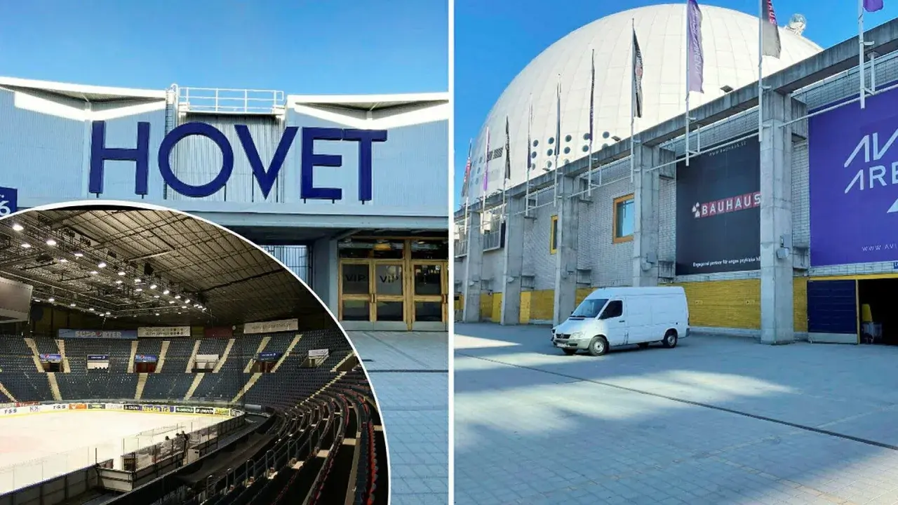 Hovet Stockholm, en ishockeyarena med läktare och isbana, samt en fasad med Bauhaus-reklam.