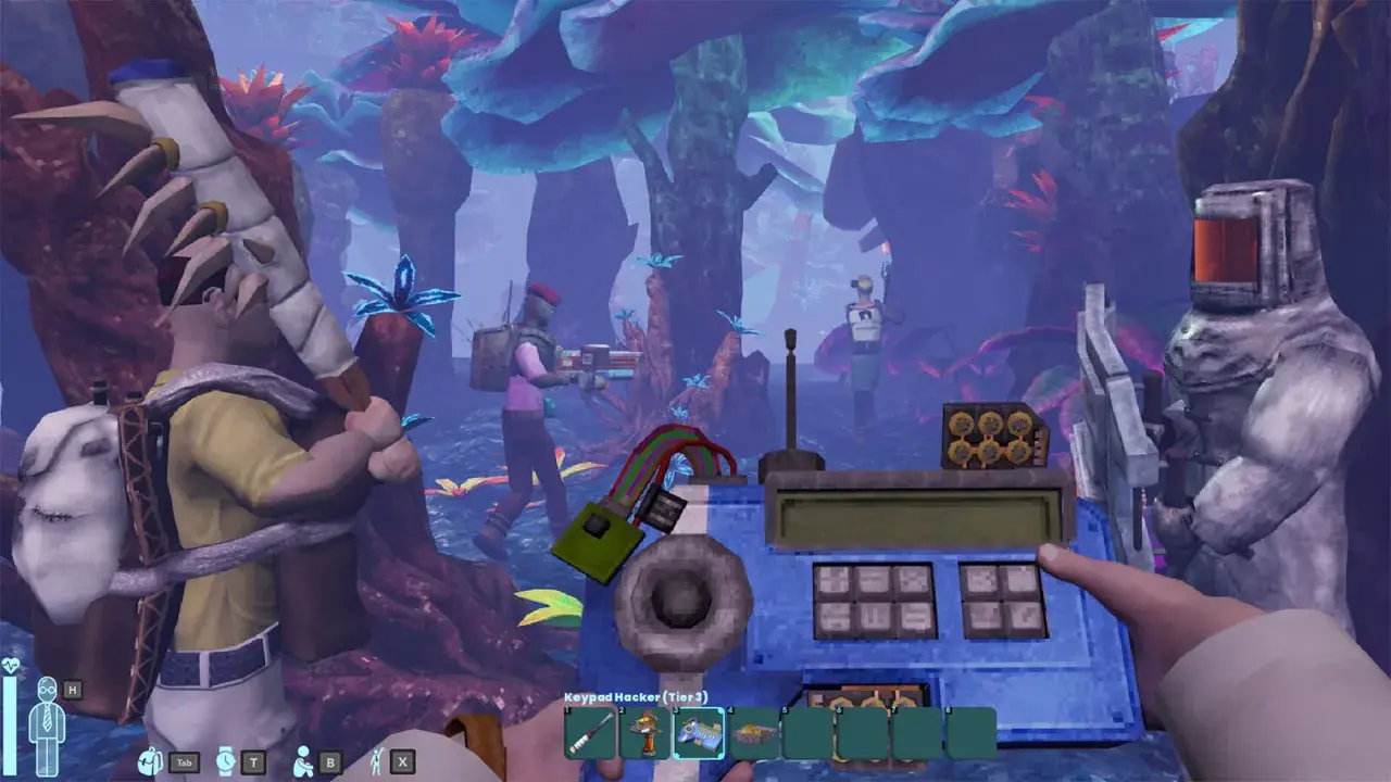 Spieler interagieren mit einem Keypad Hacker in einer fremden Welt. Die Umgebung mit ihren leuchtenden Pflanzen und Pilzen ist ein wichtiger **abiotic factor**.
