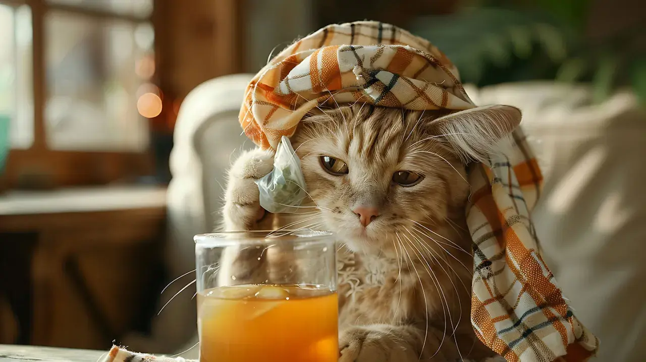 Kater-Katze mit Schal und Teebeutel im Glas. Was hilft gegen Kater? Vielleicht dieser Tee!