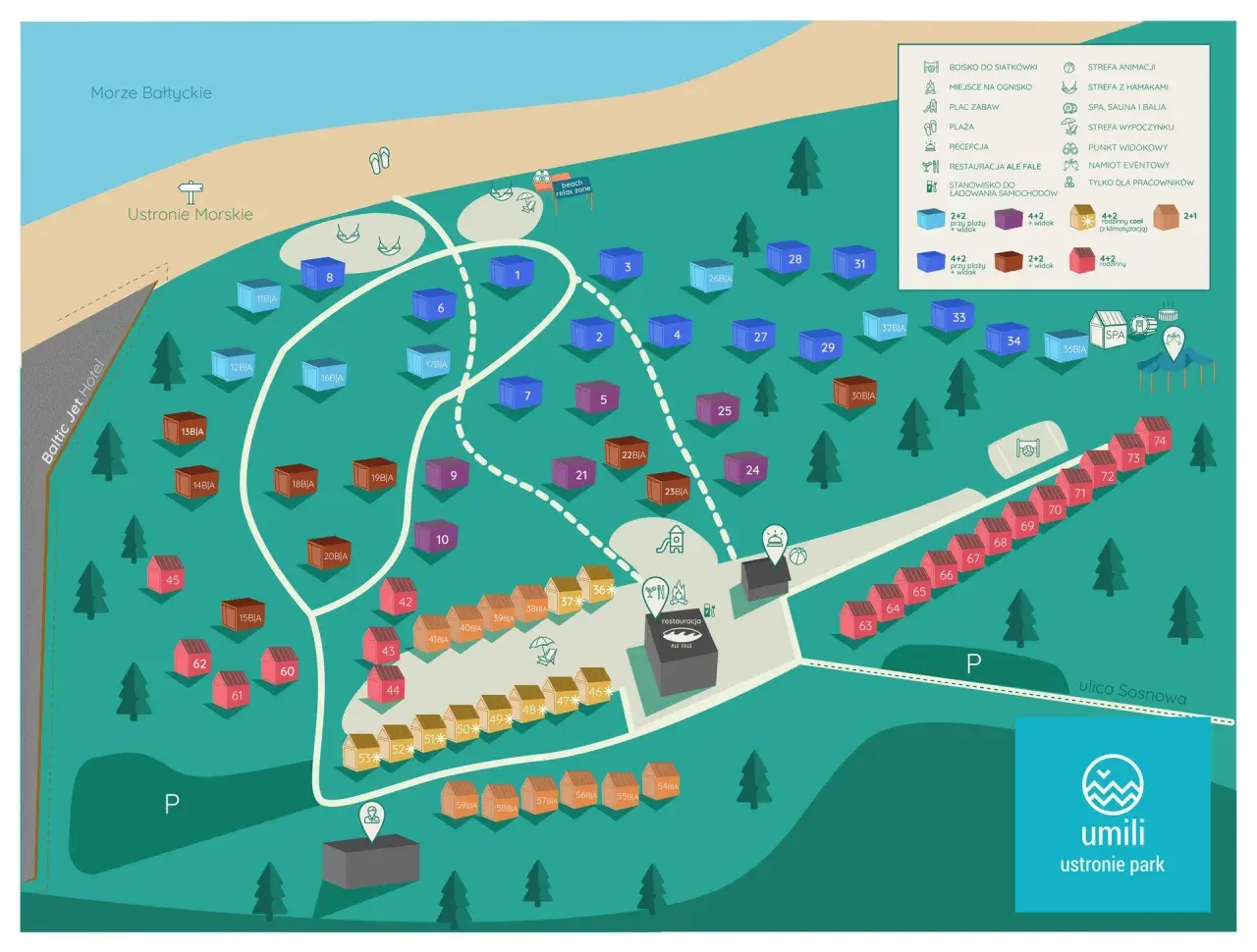 Mapa ośrodka Ustronie Park z domkami, plażą, SPA i restauracją.