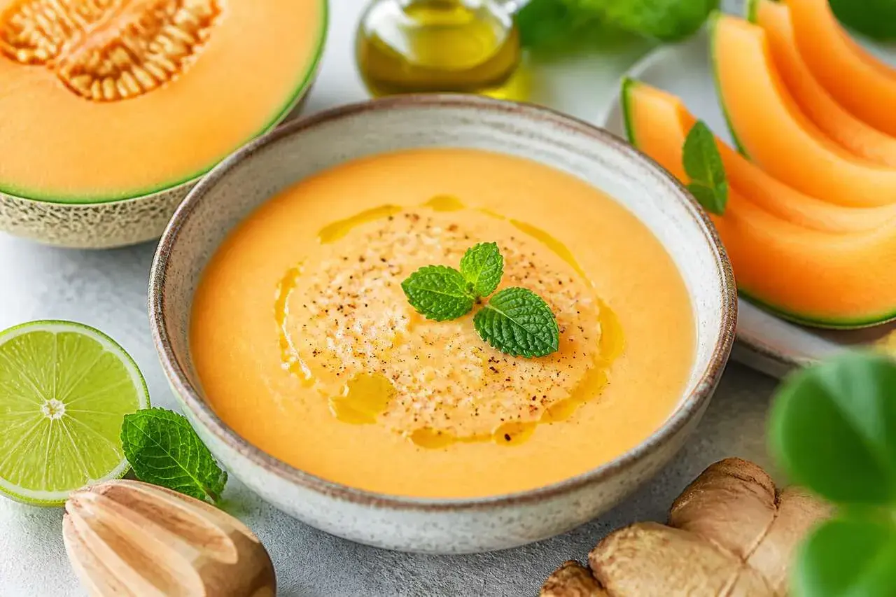 Délicieuse soupe de melon rafraîchissante, garnie de menthe fraîche et d'un filet d'huile d'olive. Des tranches de melon, du gingembre et une moitié de citron vert complètent cette scène estivale.