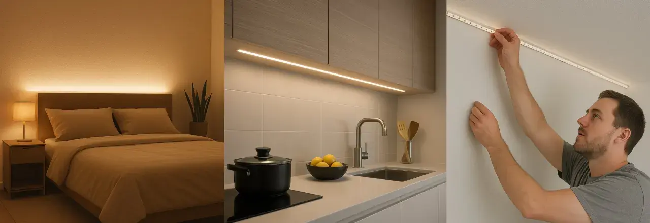 Ambiente acogedor en dormitorio y cocina con iluminación led. Un hombre instala una tira led en el techo.