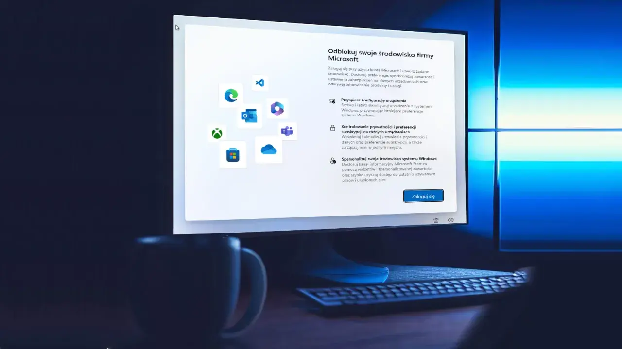 Ekran logowania Windows 11, pokazujący opcje konfiguracji środowiska Microsoft. Możliwe jest logowanie bez konta Microsoft.