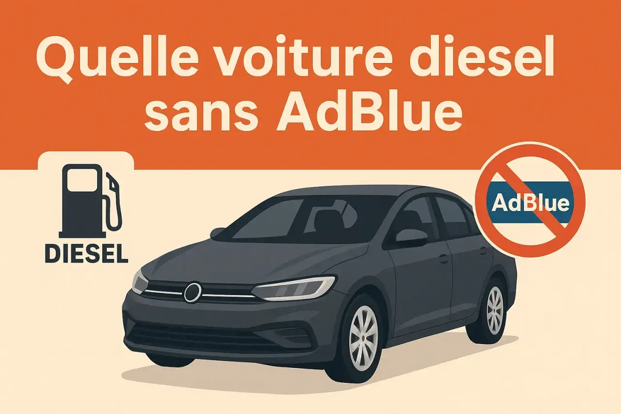 Voiture diesel grise avec un symbole "AdBlue interdit". Un logo de pompe à essence indique "Diesel".