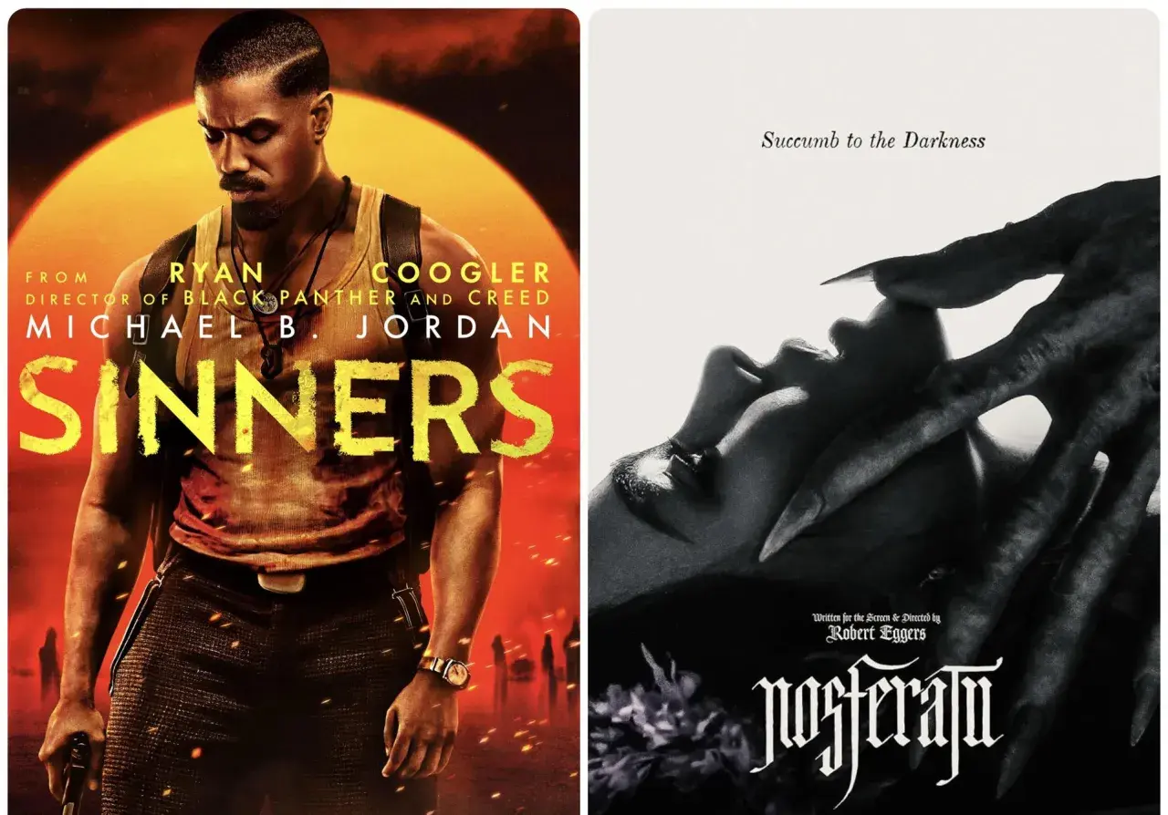 Två filmaffischer: en med Michael B. Jordan i "Sinners", en annan med en vampyrfilm, "Nosferatu".