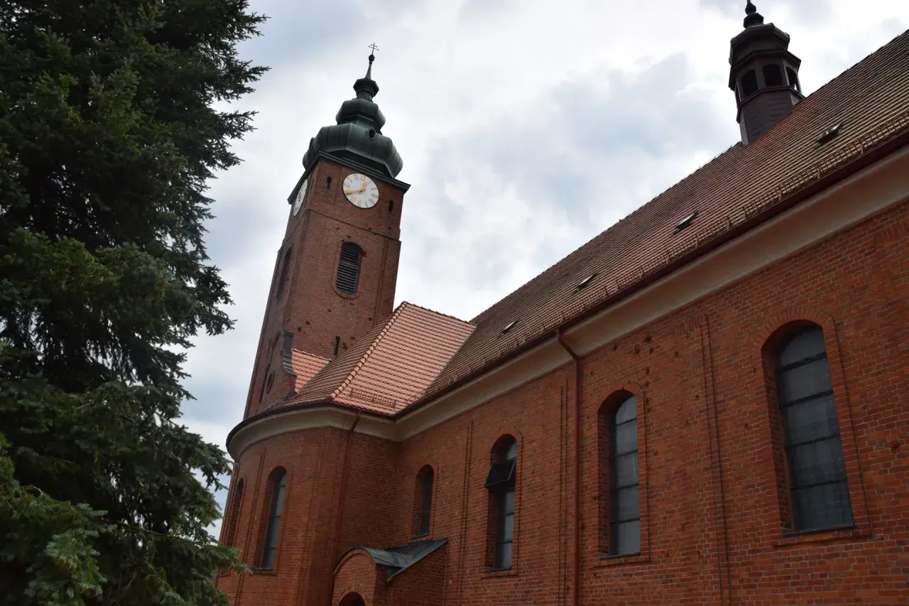 Ceglana wieża kościelna z zegarem i zielona choinka. Wygoda łączenia historii z naturą.