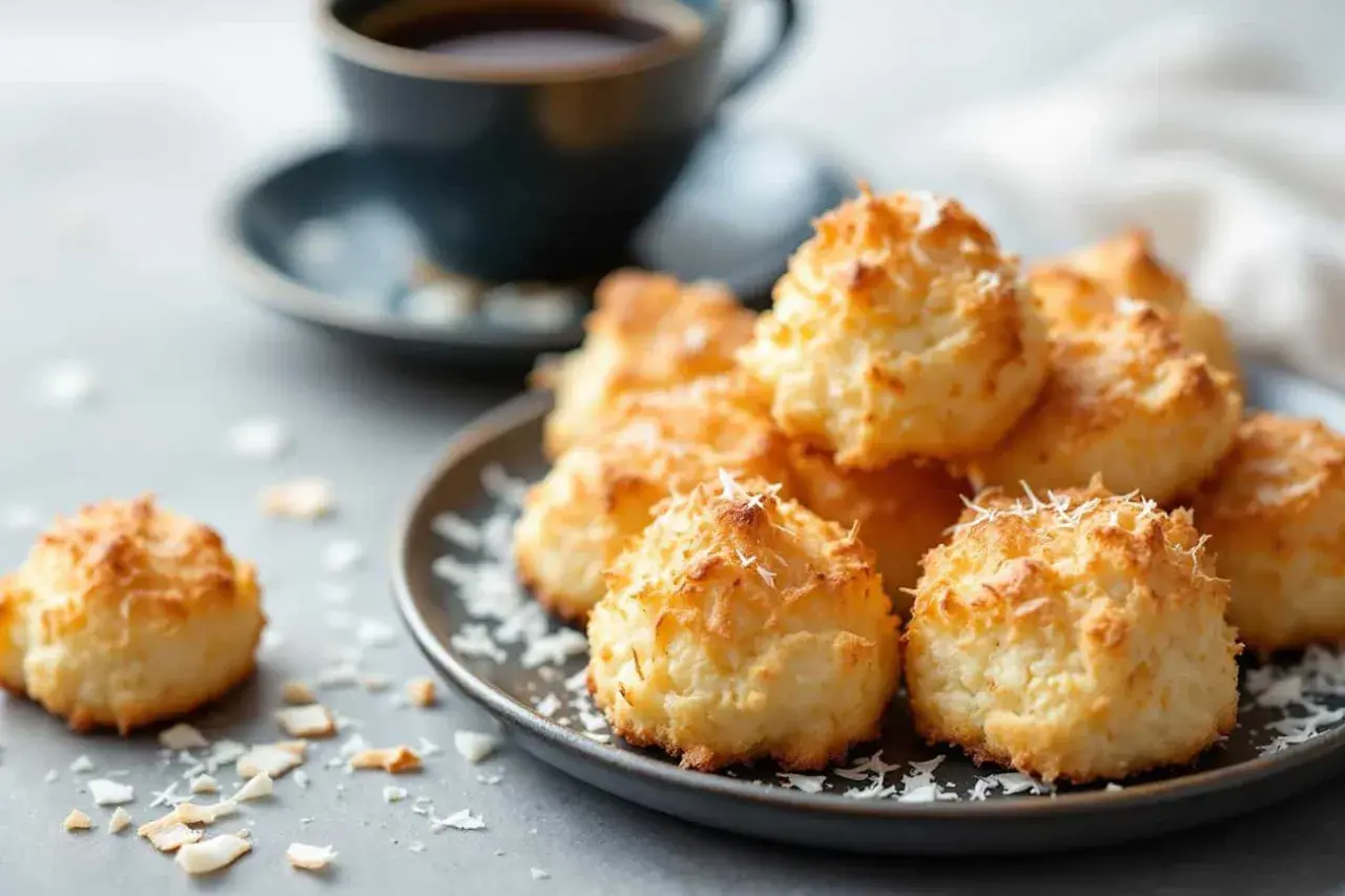 Une assiette de rochers coco dorés, parsemés de copeaux de noix de coco, avec une tasse de café en arrière-plan.