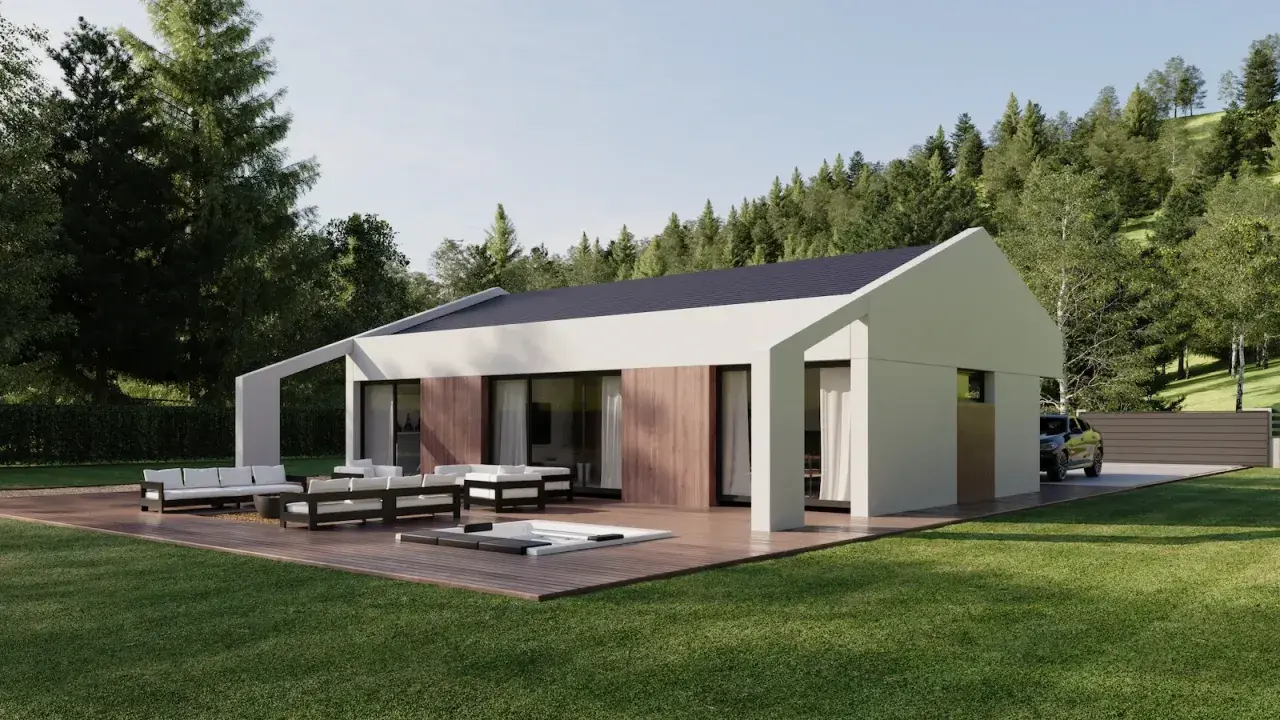 Moderna casa con cubierta a dos aguas, terraza con jacuzzi y muebles de exterior, rodeada de un jardín y un bosque.