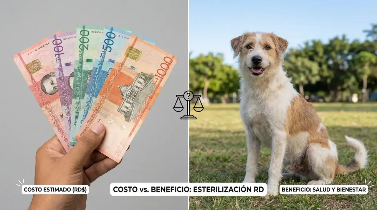 Manos con billetes dominicanos y un perro feliz. ¿Cuánto cuesta esterilizar a una perra? El costo vs. beneficio de la esterilización en RD.