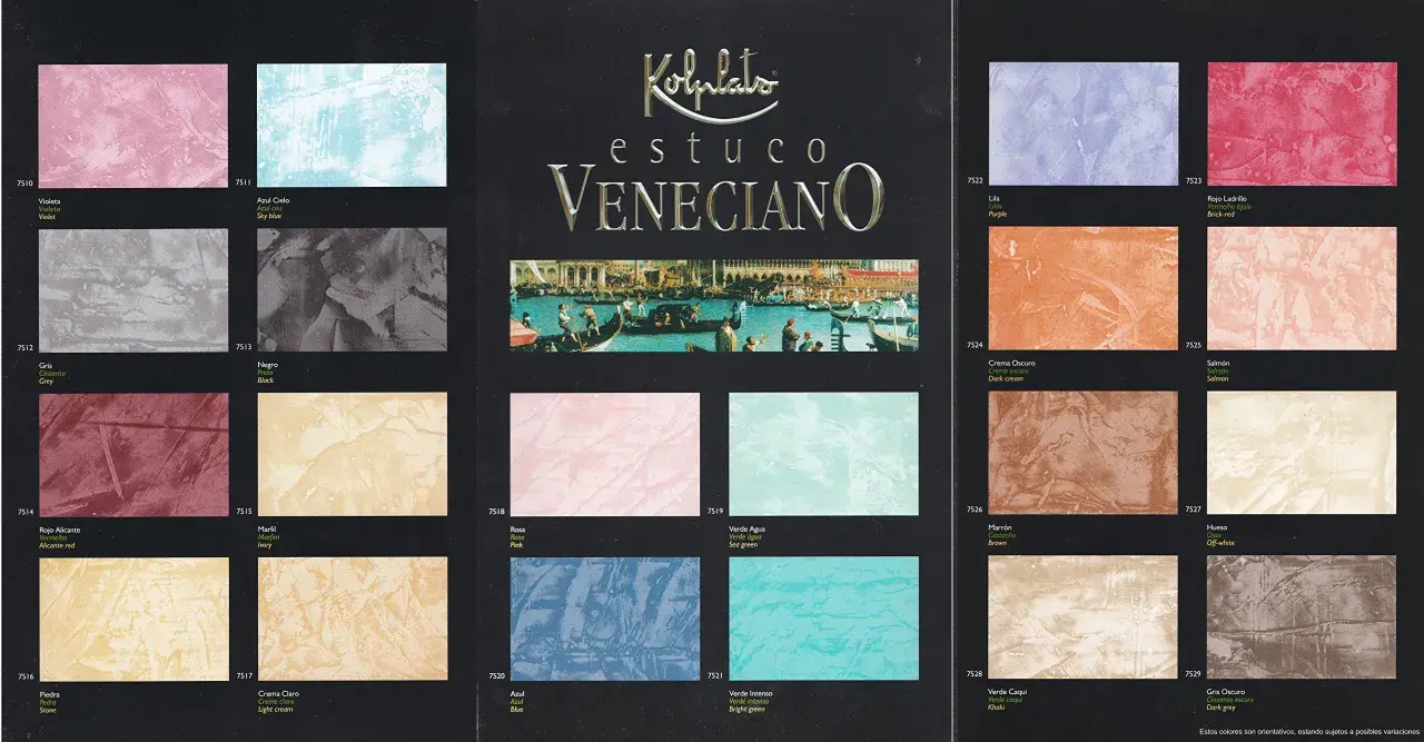 Muestras de estuco veneciano en diversos colores, desde el violeta y azul cielo hasta tonos tierra y rojos vibrantes.