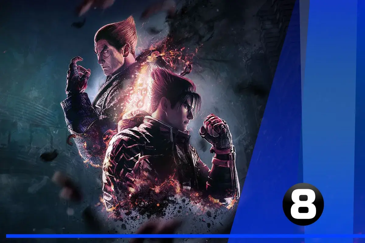 Dwóch wojowników z gry Tekken, Jin Kazama i Kazuya Mishima, otoczonych płomieniami i mroczną energią.