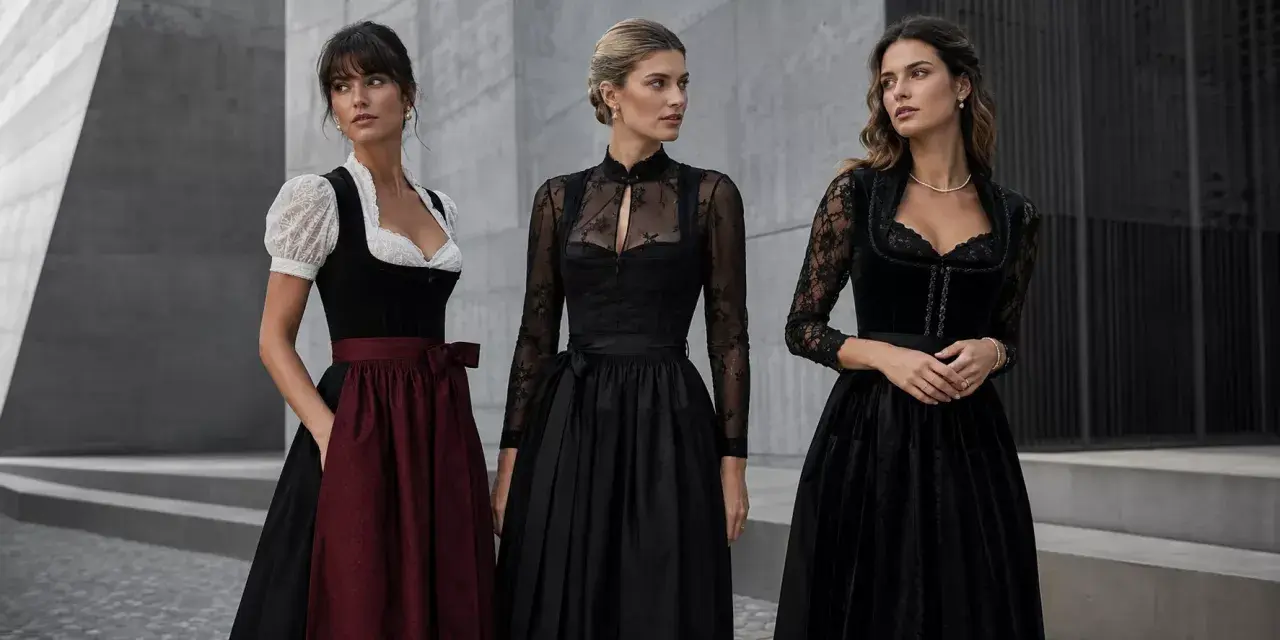 Drei Frauen in eleganten Dirndln. Das schwarze Dirndl mit Spitzenärmeln und dezentem Muster steht für moderne Eleganz.