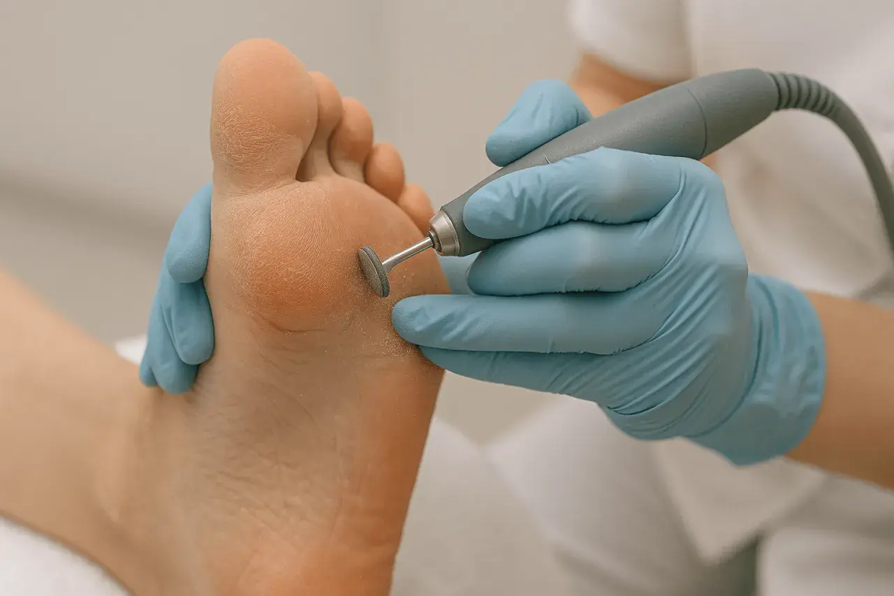 Profesjonalny pedicure: jak usunąć martwy naskórek na stopach za pomocą frezarki. Skóra stóp jest wygładzona i zadbana.
