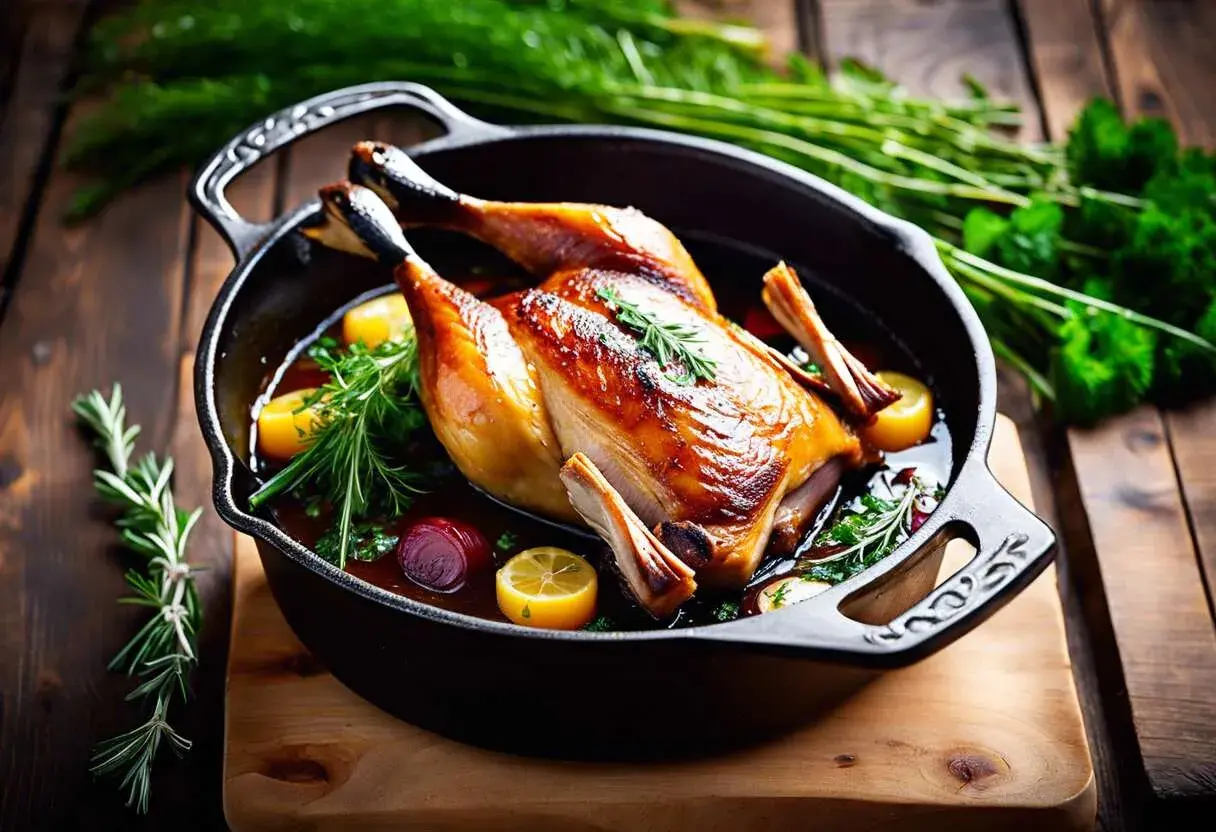 Un plat appétissant de cuisse de canard rôtie, baignant dans sa sauce, garni de citrons, d'oignons rouges et d'herbes fraîches.