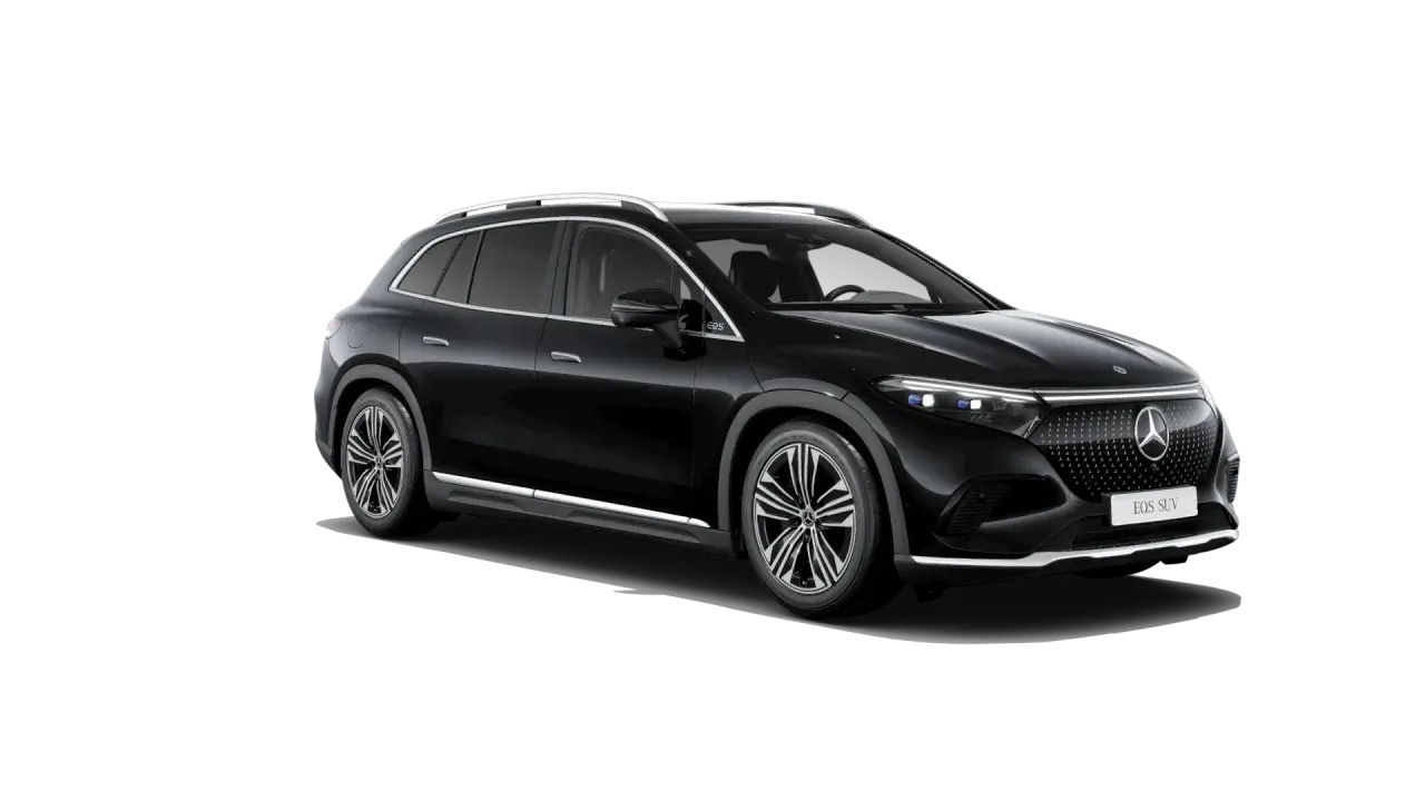 Elegancki, czarny Mercedes EQS SUV z chromowanymi detalami i nowoczesnymi światłami.