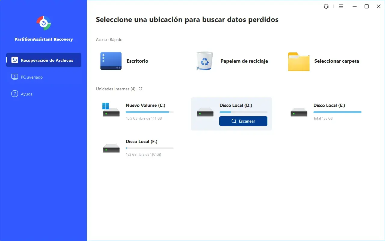 Interfaz de PartitionAssistant Recovery para recuperar archivos borrados. Permite elegir entre Escritorio, Papelera, carpeta o discos locales (C:, D:, E:, F:).
