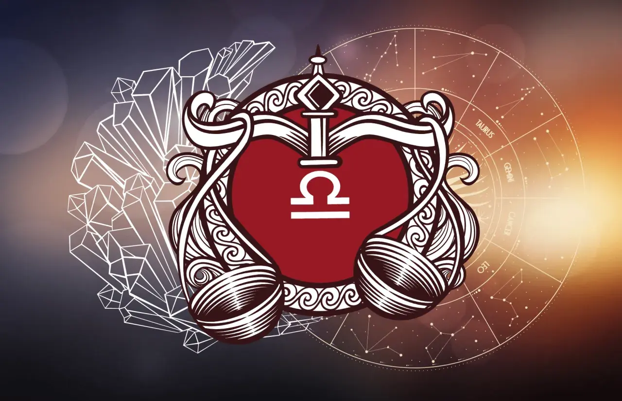 Symbol znaku zodiaku Waga, otoczony ozdobnymi elementami, kryształami i kołem zodiaku.