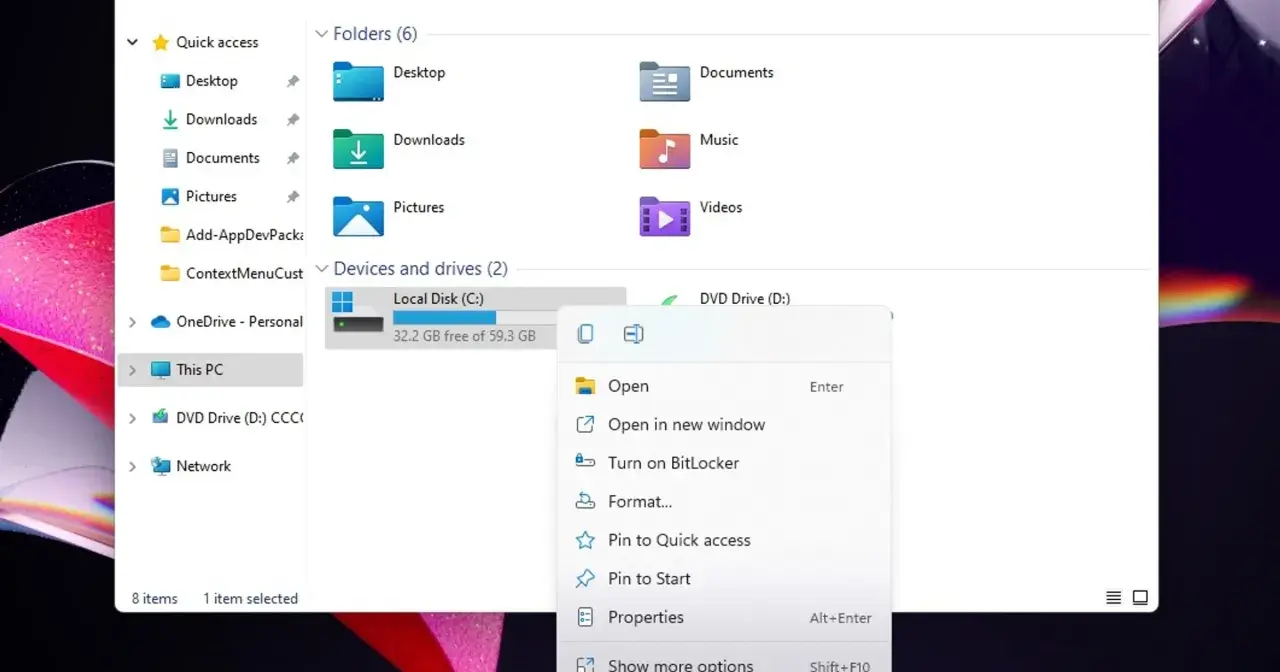 Menu kontekstowe dysku C w Windows 11. Kliknij "Pokaż więcej opcji Windows 11", aby zobaczyć wszystkie możliwości.