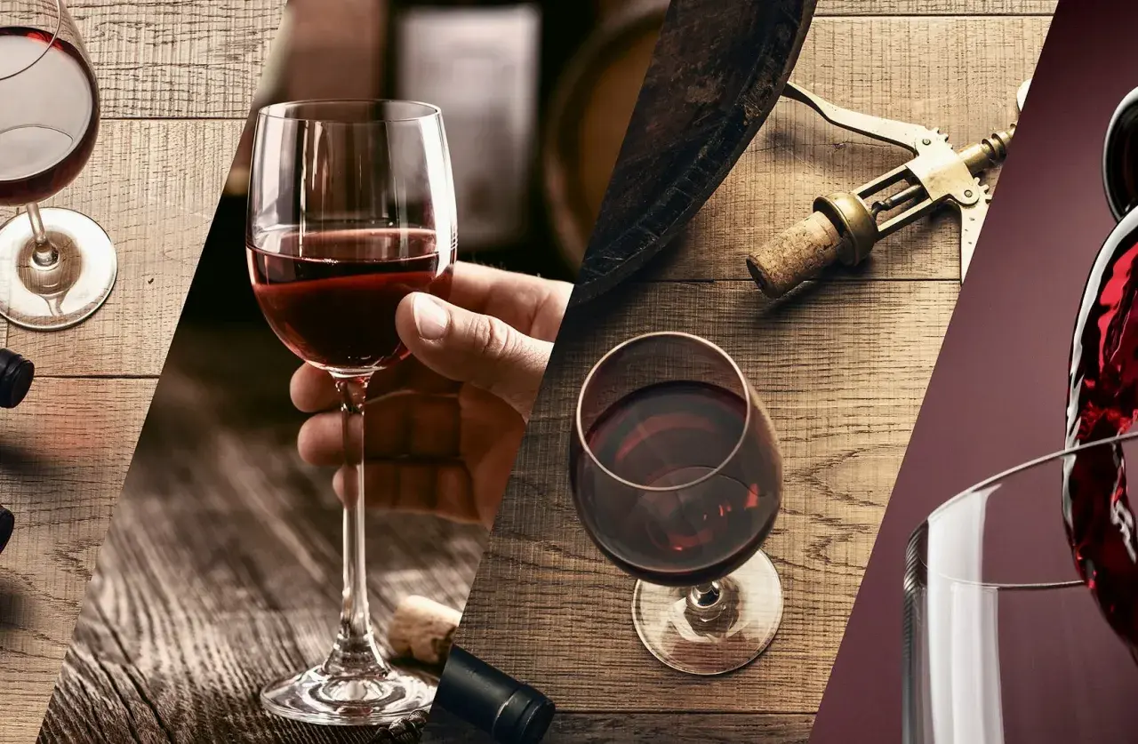 Calici di vino rosso, tappi di sughero e cavatappi su tavoli di legno. Un'ode a i vini più pregiati d'Italia.