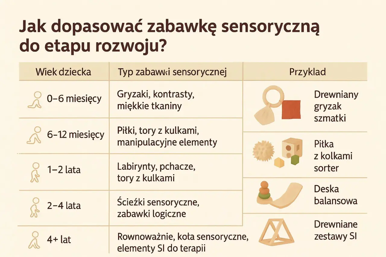 Tabela z propozycjami zabaw sensorycznych dla dzieci w różnym wieku: od gryzaków dla niemowląt po zestawy SI dla starszaków.