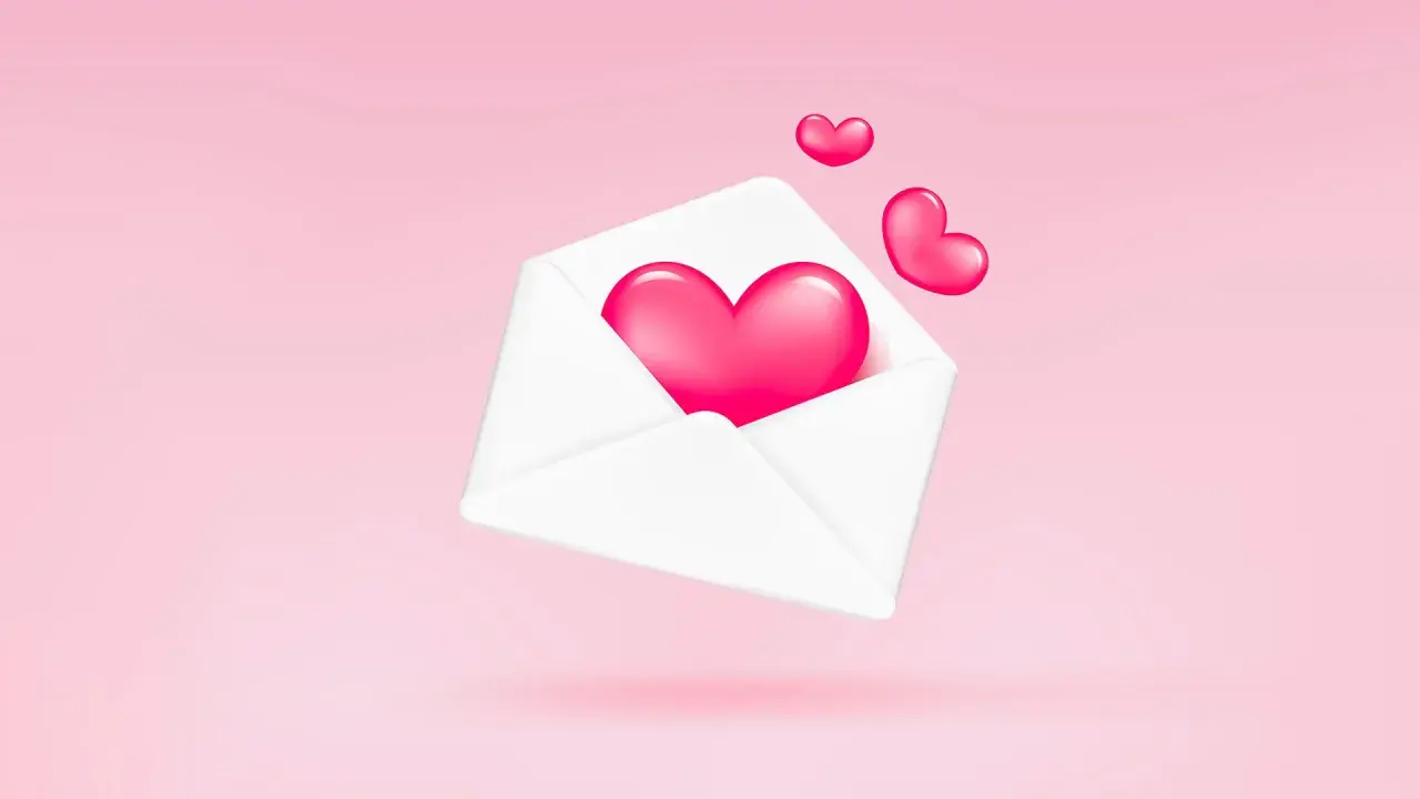 Un cuore rosa brillante esce da una busta bianca, come un messaggio speciale per il mio san valentino in inglese.