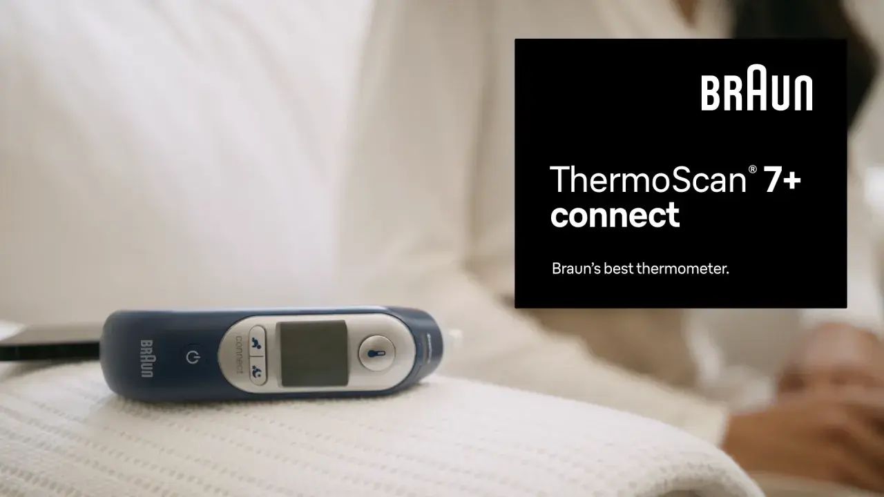 Braun ThermoScan 7+ connect, en örontermometer för snabb och exakt temperaturmätning.