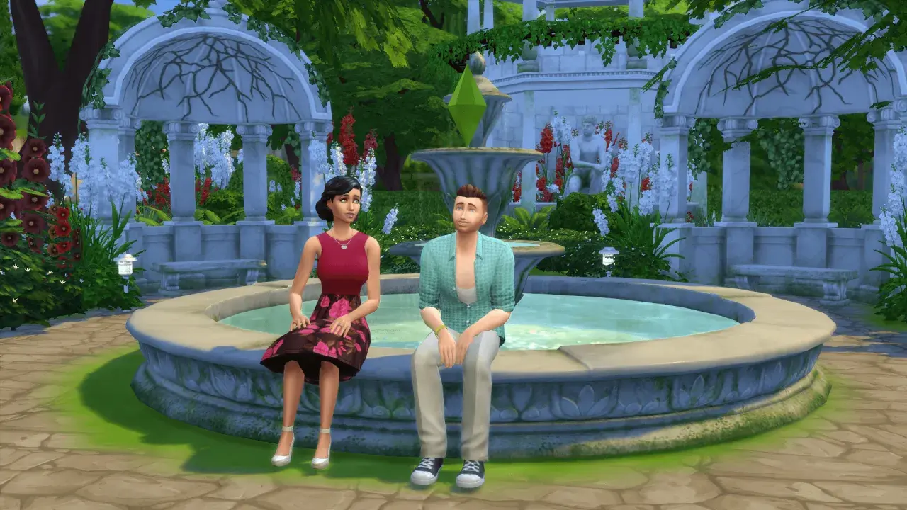 Para dowiedzieć się, jak zmienić relacje między simami w The Sims 4, zobacz tę parę siedzącą przy fontannie w ogrodzie.