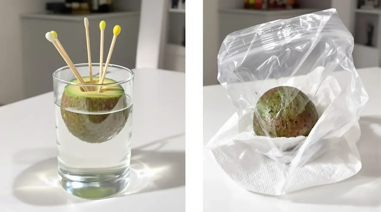 Deux étapes pour faire pousser un avocat : un noyau dans l'eau avec des cure-dents, puis dans un sac plastique avec du papier absorbant.