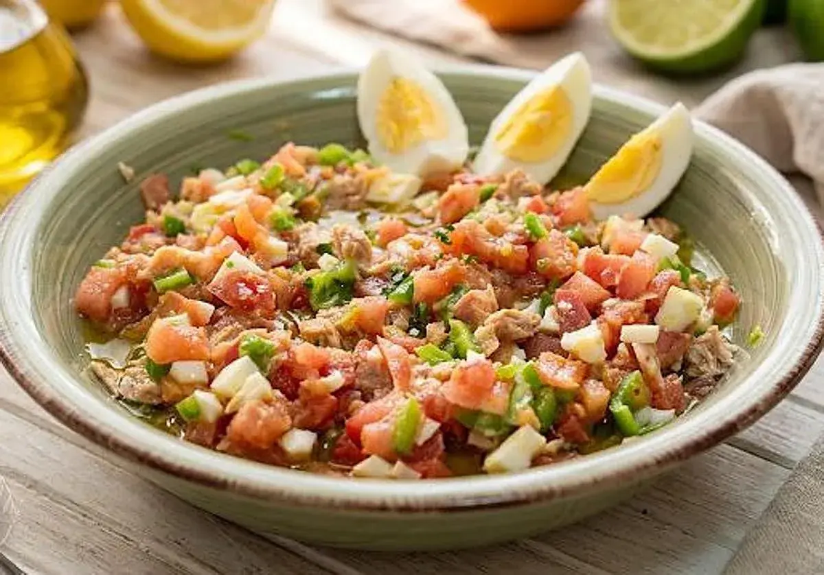 Un refrescante plato de pipirrana andaluza, con tomate, pimiento, huevo duro y atún, listo para disfrutar.