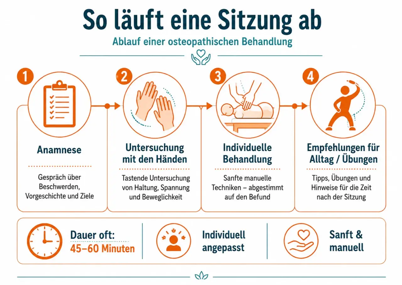 Beim ersten Mal: Anamnese, Untersuchung mit Händen, individuelle Behandlung & Empfehlungen. Osteopathie ist sanft & manuell.