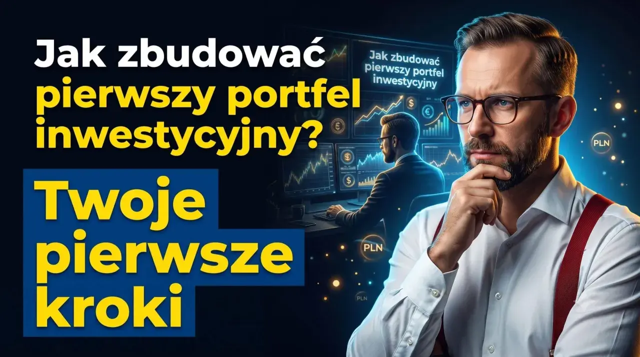 Mężczyzna w okularach zastanawia się nad budową swojego pierwszego portfela inwestycyjnego. Na ekranach w tle wykresy i symbole walut.