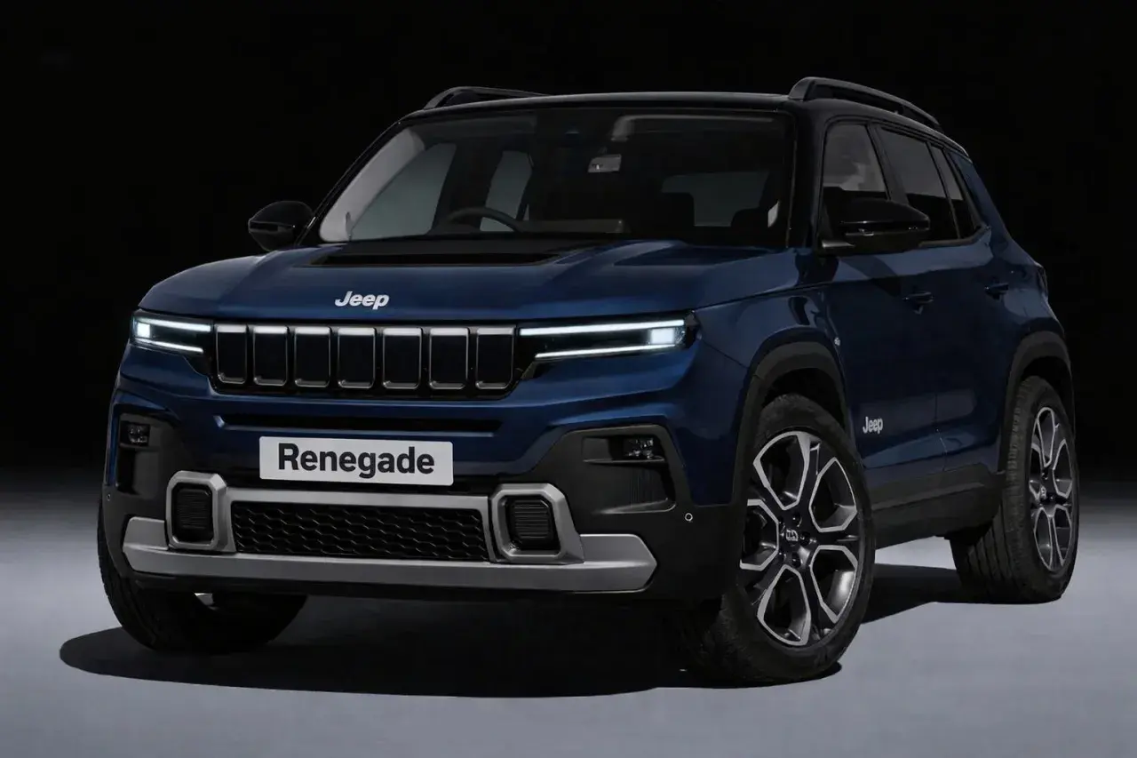 Nuova Jeep Renegade 2026 blu scuro, con fari a LED affilati e griglia iconica. Un'anteprima del futuro dell'avventura.