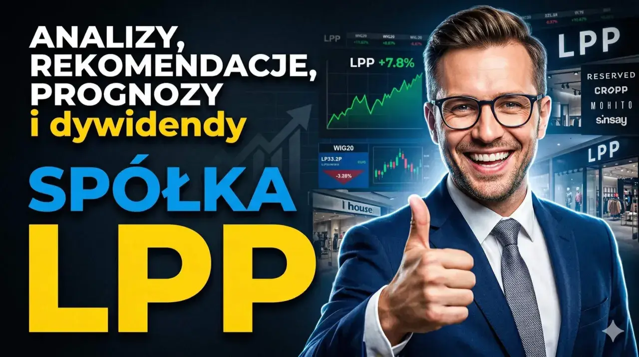 Analizy, prognozy i dywidendy spółki LPP. Uśmiechnięty mężczyzna pokazuje kciuk w górę na tle wykresów giełdowych i sklepów.