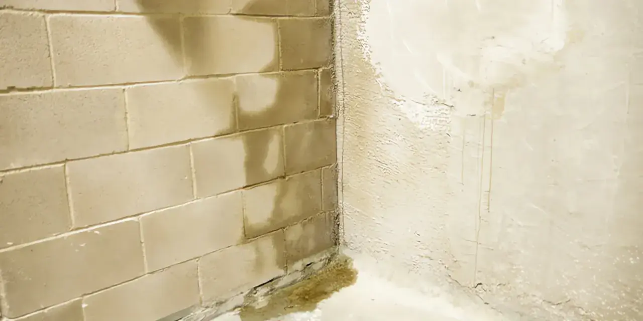Feuchte Flecken und Pfützen zeigen, dass Wasser durch das Mauerwerk im Keller dringt.