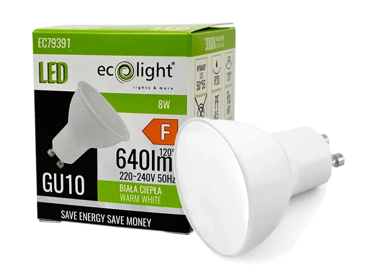 Żarówka LED GU10 8W ecolight, biała ciepła, 640lm. Czy 8W led ile to wat? To energooszczędne rozwiązanie.