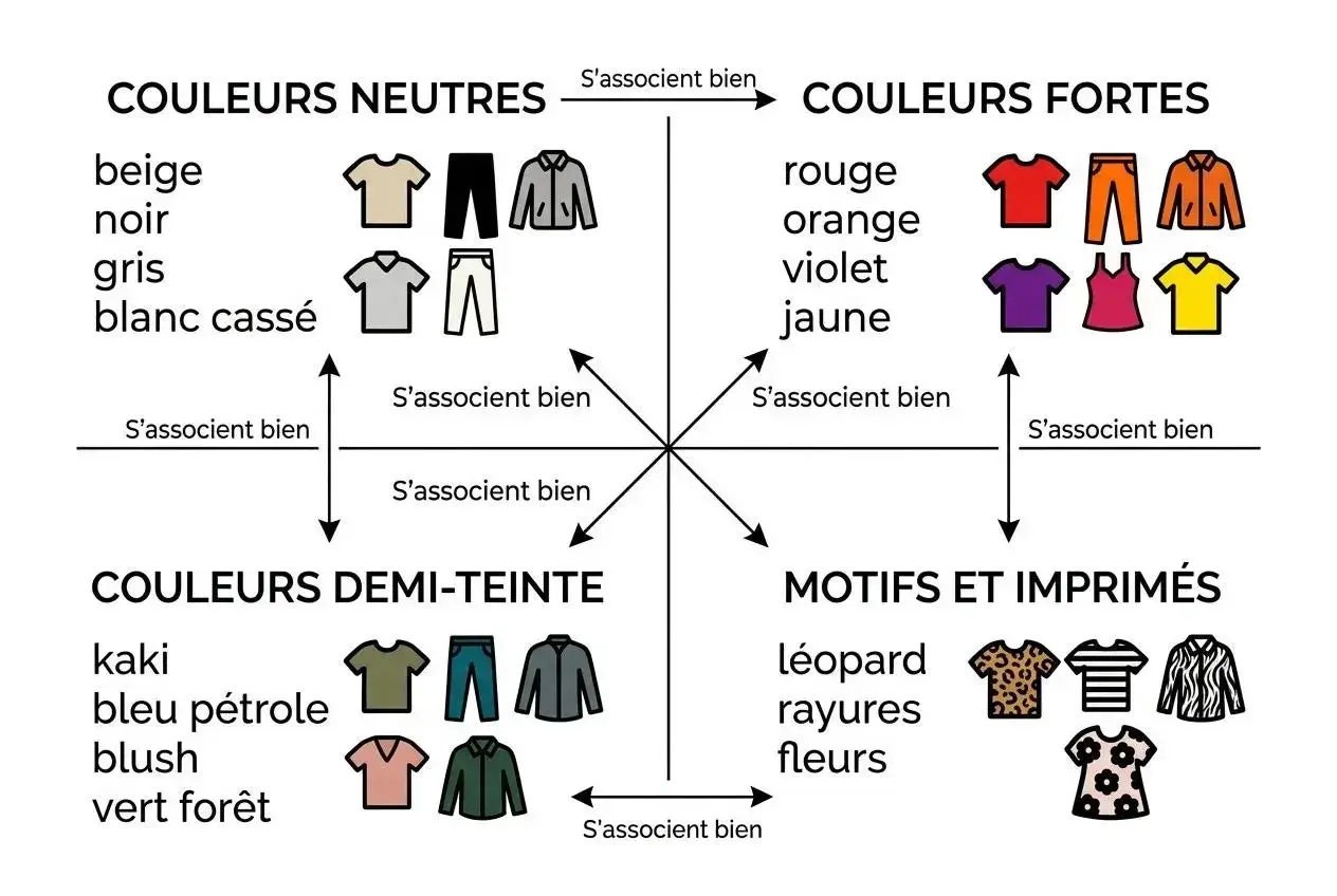 Guide des associations de couleur vêtement : neutres, fortes, demi-teintes et motifs.