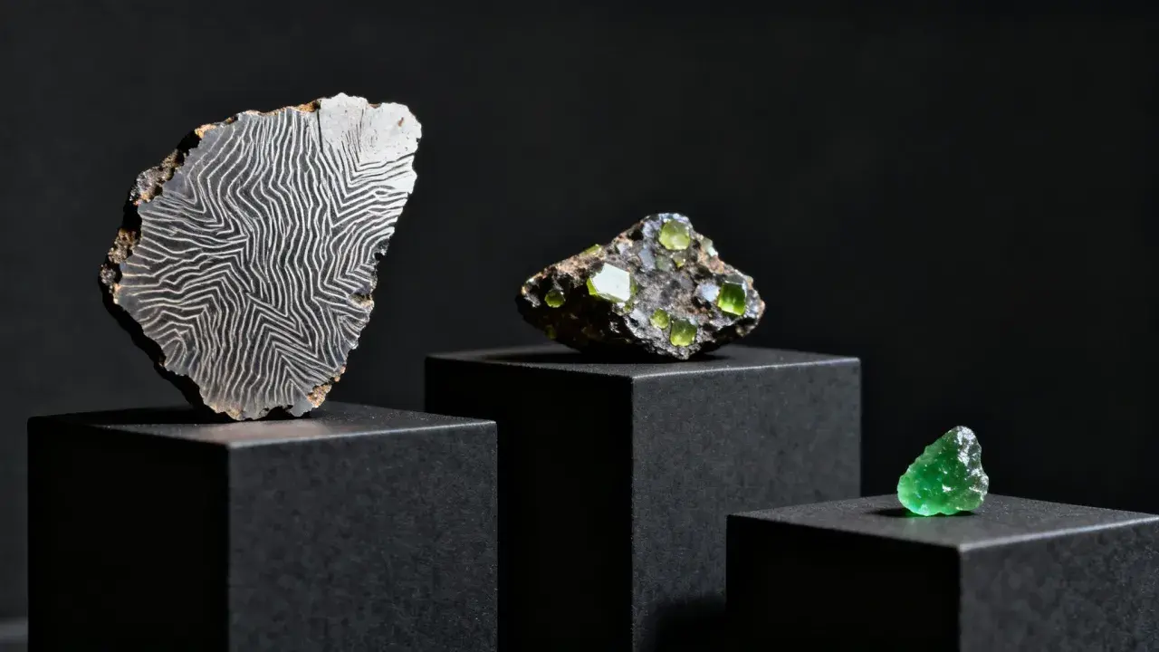 Fragmento de roca con patrón de líneas blancas sobre fondo negro, junto a cristales verdes. Explorando el cristal de roca propiedades.
