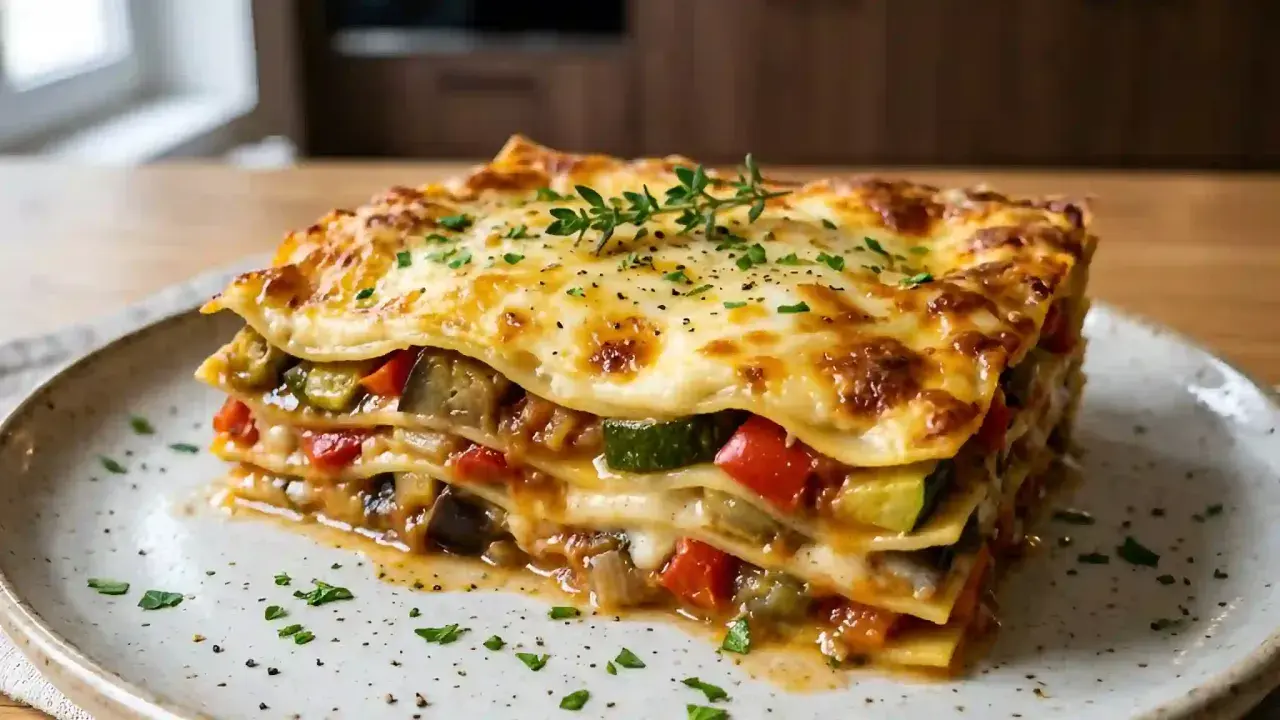 Une généreuse part de lasagne végétarienne, garnie de fromage doré et de légumes colorés, prête à être dégustée.