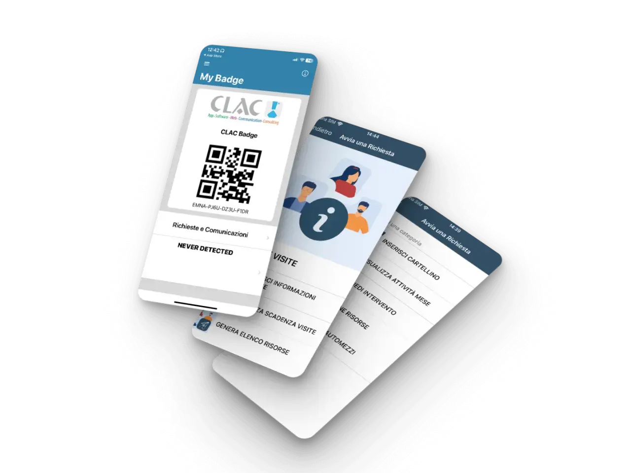 Schermate di un'app per la gestione di richieste e comunicazioni, con un badge QR e opzioni per inserire un rapportino di lavoro.