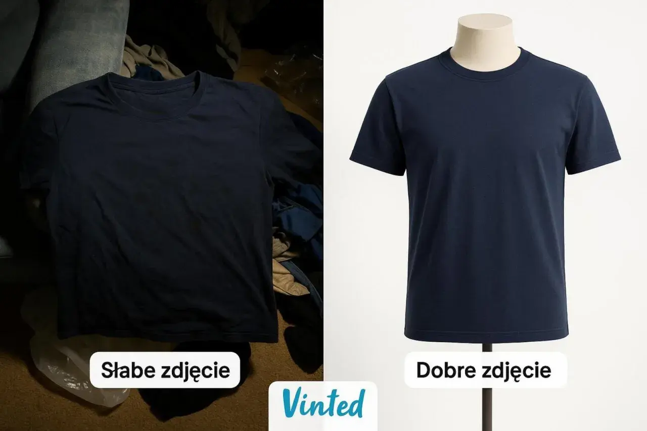 Porównanie zdjęć koszulki: słabe zdjęcie w tle, dobre zdjęcie na manekinie. Algorytm Vinted doceni lepszą prezentację.