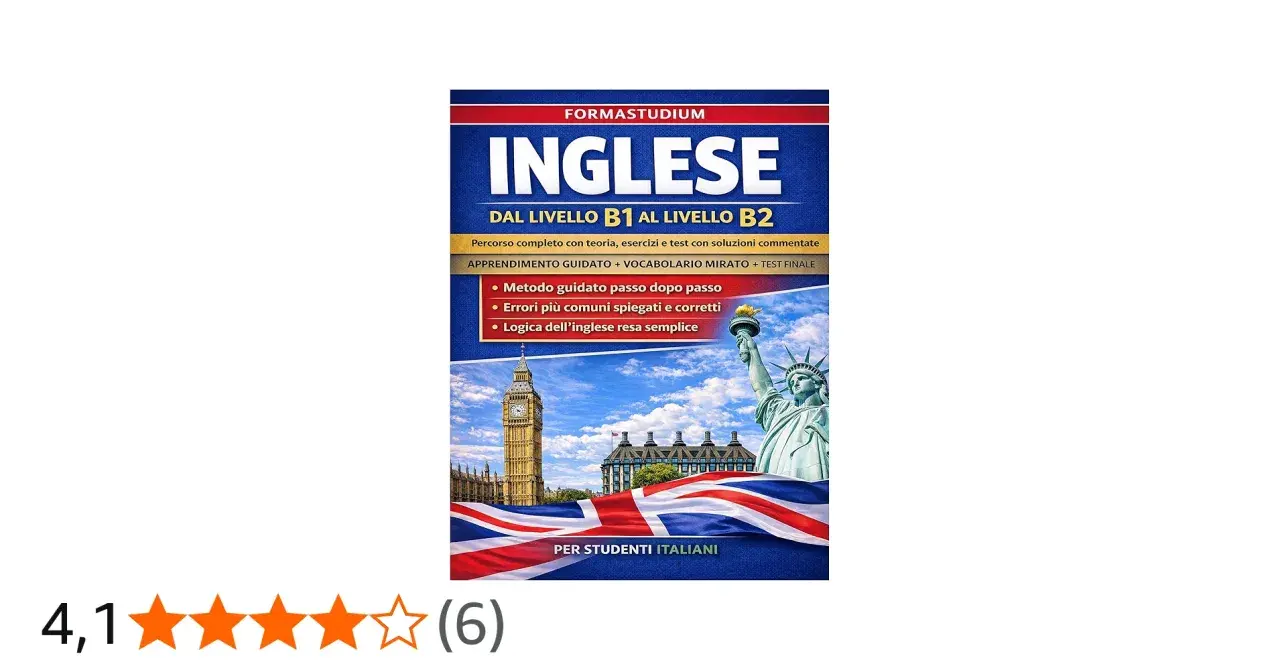 Copertina libro "Inglese B1-B2" per studenti italiani, con icone di Londra e New York. Offre metodo guidato, errori comuni e logica dell'inglese.